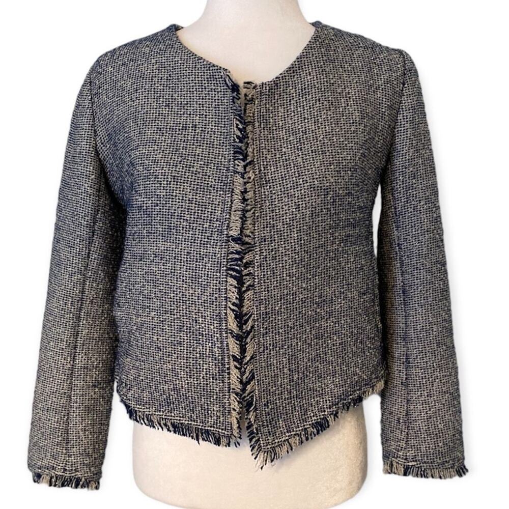 𝅺Banana Republic Women's Tweed Blazer Size 0  Fringe Open Front Jacket
